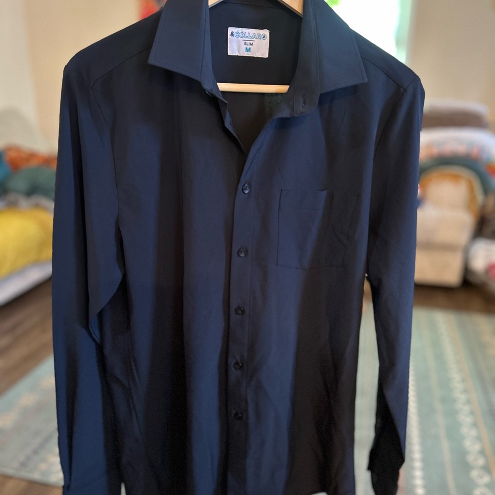 And Collar Dark Blue Dress Shirt button longsleeve men’s